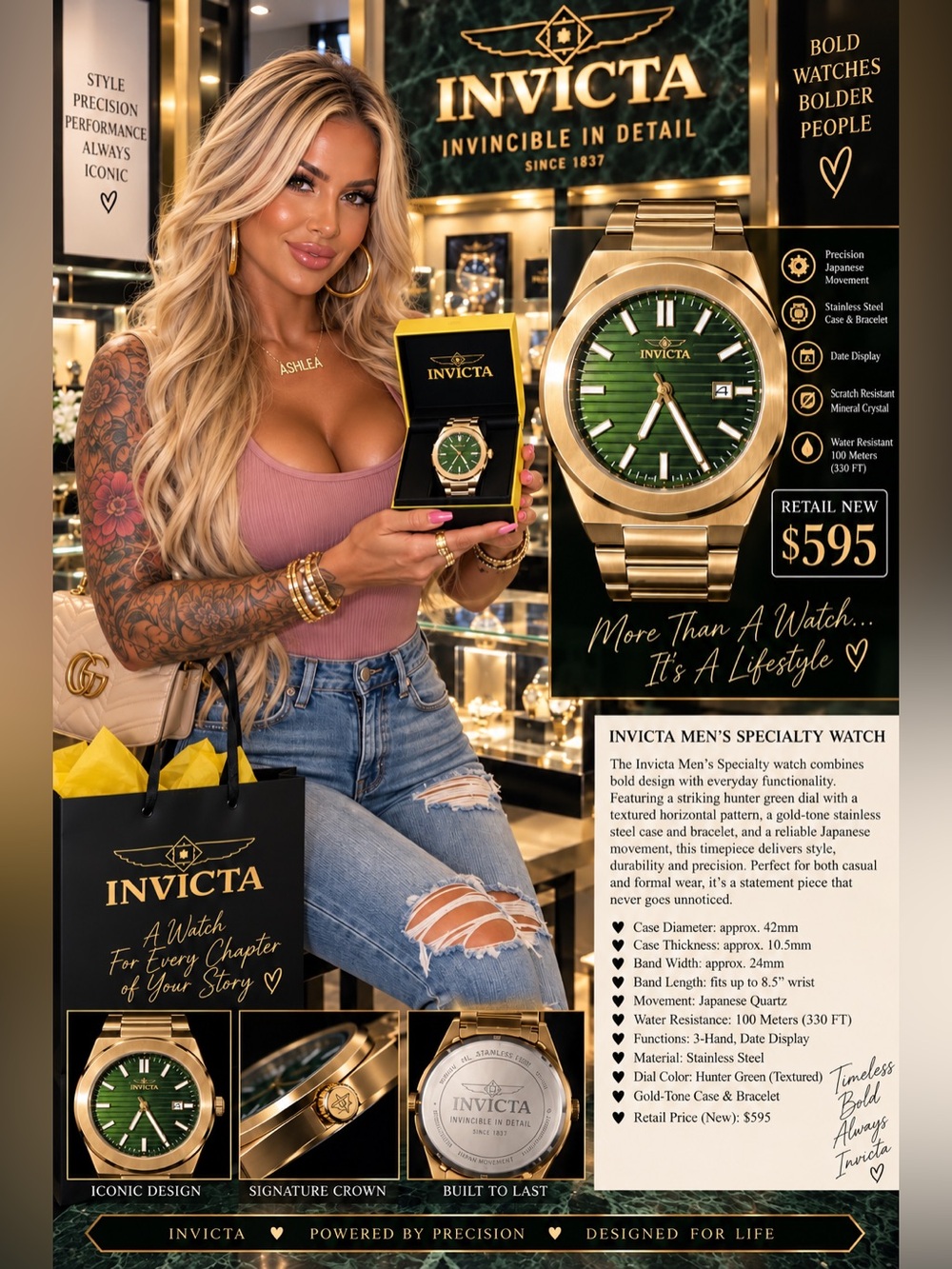 💚✨ INVICTA GOLD-TONE WATCH • HUNTER GREEN DIAL ✨💚